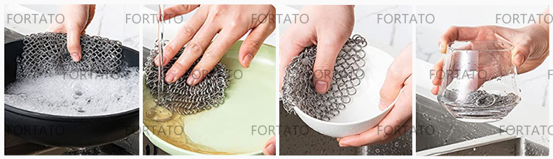 2.The chainmail scrubber can remove hard residue without spoiling the finish of a pan