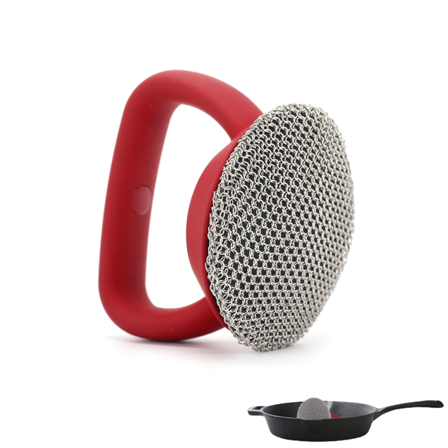 Red Cast Iron Chainmail Scrubber with Handle